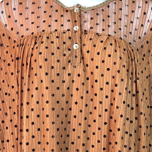 Lauren Hansen Metallic Polka Dot Sheer Blouse L Brown/Black Long Sleeve Babydoll - Picture 3 of 6
